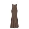 Casual Dresses Open-Back Suspender Brown Fashion Sleeveless Tight-passande veckad lång slitsklänning