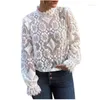 Women's T Shirts Sexy Sheer Long Sleeve Stand Collar Lace Pullover Top