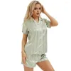 Home kleding ijs zijden pyjama's vrouwen pyjama set dames zijdeachtige gestreepte met korte mouw bovenste brede poot broek zomer voor comfort