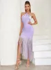 Casual jurken Lilac Purple Tassel Bandage Dress Women Fashion Halter Bodycon Long Elegant Sexy Backless Evening Party 2024 Summer