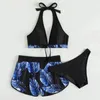 Kadınlar Seksi Plaj Bikini Üç Parça Bikini Seti Yüksek Bel Mayo Mayo Yaprak Baskı Bankası Sahili Sahil Giyim Banyosu 240410