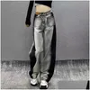 Bloqueo de color de los jeans para mujeres para primavera y otoño 2024 Diseño holgado y holgado de la cintura delgada delgada pantalones de la pierna ancha versátil Deliv Dhop6