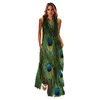 Casual Dresses Flowers Print Elegant Party Beach Dress Woman Plus Size Spring Summer Green Long Women Sleeveless V-neck