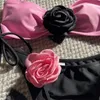 Womens 2 Piece 3d Floral stropplös bikini Bandeau Top Cheeky String Thong Swimsuit Set Bathing Suit 240417