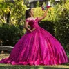 Rose Red Red Shiny Liginas Vestido Quinceanera 2024 Off Beads ombro Crystal Tull Sweet 16 Dress XV Vestidos de 15 Anos