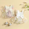 One-Pieces Infant Baby Girls Chiffon Romper Tutu Skirt, Square Collar Sleeveless Bow Decor Princess Dress, White/ Multicolor