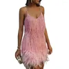 Casual Dresses Loose Cut Dress Sequin Tassel V Neck Party With Feather Decor For Women Backless Rumba Cha-cha Dance Costume Mini Club