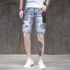 Slim Fit denim vijfpunt borduurwerk met bontranden zomer dun mode label Distressed casual heren shorts trendy