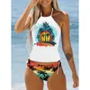 Womens Bathing Suit Coconut Drawstring Side Halter Neck Tankini Set Beach Wear Cute Swimwear Fashion Split Swimsuit 2024 240424