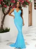 Casual Dresses Mermaid Sexy V Neck Blue Elastic Hem paljett Bodycon Formell klänning Evening Party Maxi For Women Girl 2024 Summer grossister