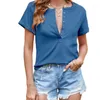 Kadın Tişörtleri Kadınlar Yaz Kısa Kelepçe Kollu T-Shirt V-Yok Düğmesi Katı Kaburga Temel Üstü