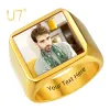 Rings U7 Personalized Signet Ring for Men Stainless Steel Family Photo Name Laser Engrave Customized Square Round Heart Ring Size 714