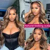 Destaque Human Human Human Human 13x4 Lace Frontal Colored Wigs for Women 30 polegadas Mel Loiro Onda Frente 240408