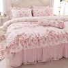 100% bomullsblommor tryckt prinsessor sängkläder set tvilling king queen size rosa flickor spets ruffle täcke täcke bäddar säng kjol set 240416