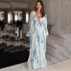 Lässige Kleider eleganter Blumendruck Chiffon ohne Futter Auturn Long für Frauen 2024 Sexy Deep V Draw String Boho Midi Kleid Beach