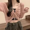 Kvinnors stickor Volalo Autumn Solid Color Slim Cardigan Woman Sweet Ladies Hollow Out Pink White Green Black Sticked Women