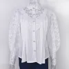 Chemise Femmes Stand Collar Lace Patchwork Shirts Casual Hollow Out Flower Petal Sleeve Buttonw Tops Solid Shirts White For Women Blue