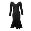 Casual Dresses 2024 Elegant Retro Fashion Women's Black Lace Hook Flower Hollow Sequins Long Sleeve Mermaid Robe Party Holiday Vestidos