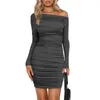 Casual Dresses Bodycon Ruched Mini Dress Women Long Sleeve Boat Neck Off Shoulder Slim Party Club Slit Stretch Short