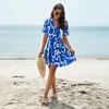 Frühling Sommer 2024 Strandkleider für Frauen gedruckt V-Ausschnitt Swimwears Kurzarmelastizität im Freien im Freien Kleid