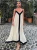 Lässige Kleider Sommerkleid Frauen Asymmetrischer Saum Kontrast Farbverkleidung Urlaub Strand Midi V Hals ärmellose Spaghetti -Riemen