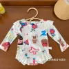 Swimwear 2023 Summer Baby Girls Swimwear Printed Cartoon Character Button Fly Shouldler Swimsuit Patchwork Lace Ruffles Kids Girl Outfit