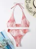 Kvinnors badkläder Bikini Kvinnor Hög midja baddräkt 2024 Tie Dye Halter spetsar upp bikinis set sexig thong baddräkt kvinnlig strand slitage