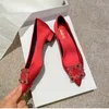 Casual schoenen bruids bruiloft 2024 rood satijn puntige middelste hiel Water diamant ondiepe mond enkele schoen dikke hakken pumps3cm