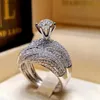 Band Rings Elegant Silver Color Hip Hop Ring for Women Luxurious Inlaid White Zircon Stones Wedding Set Bridal Engagement Jewelry H240424