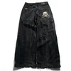 Mäns jeans harajuku hiphop retro skalle grafisk broderad baggy denim pants män kvinnor goth hög midja breda byxor