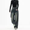 Jeans femininos Retro Retro Blue Harajuku Rua Versátil Moda Versátil Gradiente Americana Americana Pontas de perna larga Loose2024Y2K