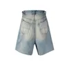 Shorts de jeans azuis lavados de borda crua angustiada para homens de perna larga calça de jeans casual calça de joelho de tamanho grande carga de verão curta 240415
