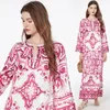 Summer Runway Blue and White Porslin Long Dress Women Oneck Flare Sleeve Floral Print Bohemian Side Split Loose Robe Vestidos 240422