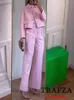 Trafza Vintage Chic Office Lady Pink Solid Women Suit Pockets Blazer Belt Striak Loose Pants Fashion Office Lady Set 240421
