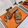 Women Sandal Slides Designer Cowhide Lock Catch Slippers Classic Flat Sandals Luxury Summer Lady Leather Beach Flip Flops Sandal