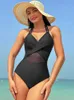 Women's Swimwear Solid Color Hanging Neck One Piece Swimsuits 2023 Woman Sexy Mesh Bikini Swimwear High Waisted Backless Brazilian Beach Outfit d240424