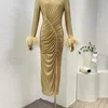 Casual Dresses Top Quality Women Clothing 2024 Spring Golden Diamonds Wrinkled Bodycon Midi