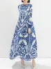 Повседневные платья Miyake 2024 Summer Retro Dress Женская мода синяя и белая фарфоровая принт с рукавом фонаря с фонари