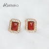 Oorbellen Metiseko Natural Red Agate stud oorbellen 925 Sterling Silvertated 18K Gold vierkante vorm oorbellen Retro elegant voor vrouwenfeest