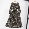 Casual jurken vrouwen lente jurk retro print maxi met lantaarn mouwen hoge taille riem dames A-lijn losse zoom val slank