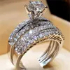 Bagues de mariage luxueuses couleurs argentées métal anneaux de pierre blanche