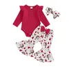 Zestawy odzieży pudcoco niemowlę dzieci 3pcs Pants czerwony długie rękaw Romper Santa Claus Print Flasher Głowna opaska na głowę 0-18m