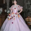 Fairytale Pink Florals Quinceanera Dresses Princess Off Shoulders 3D Flowers Birthday Party Gowns Gorgeous Debutante Robe Mariee Vestido De 15 Xv Anos Masquerade