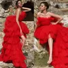 Party Dresses Fashion Tiered High Low Evening Short Front Long Back Red Tulle Prom Dress Strapless Backless Sexy Celebrity Gowns