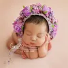 Uppsättningar Vintage Baby Girl Flowers Bonnet Purple Pink Floral Newborn Sitter Hat Photography Props Baby Girl Bonnet Photo Props