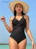 Women's Swimwear Solid Color Hanging Neck One Piece Swimsuits 2023 Woman Sexy Mesh Bikini Swimwear High Waisted Backless Brazilian Beach Outfit d240424