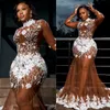 2024 Plus Size Prom Dresses for Black Women Illusion Promdress for Special Occasions High Neck Long Sleeves Appliqued Beads Lace Birthday Dress Reception Gown AM772