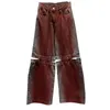 Women's Jeans PREPOMP 2024 Autumn Arrival Hollow Out Gradient Burgundy Denim Wide Leg Pants Women Long GL522