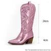 Boots Pink Cowgirl Cowboy pour les femmes 2024 Fashion Zip brodé à bout pointu à talon chunky