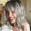 Peruker korta vågor bob peruk med lugg grå peruker naturliga ombre silver peruk syntetiska hår axel längd korta lockiga peruker för kvinnor